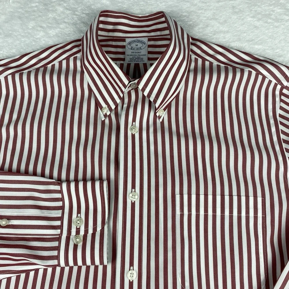Brooks Brothers Shirt Mens Medium Crimson/White Stripes Regent Non Iron